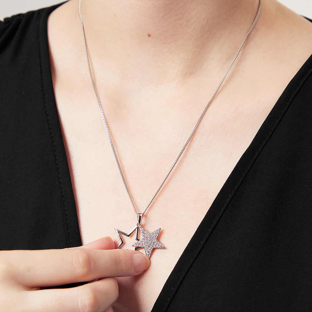 Sterling Silver Double Star Pendant Necklace | Cubic Zirconia