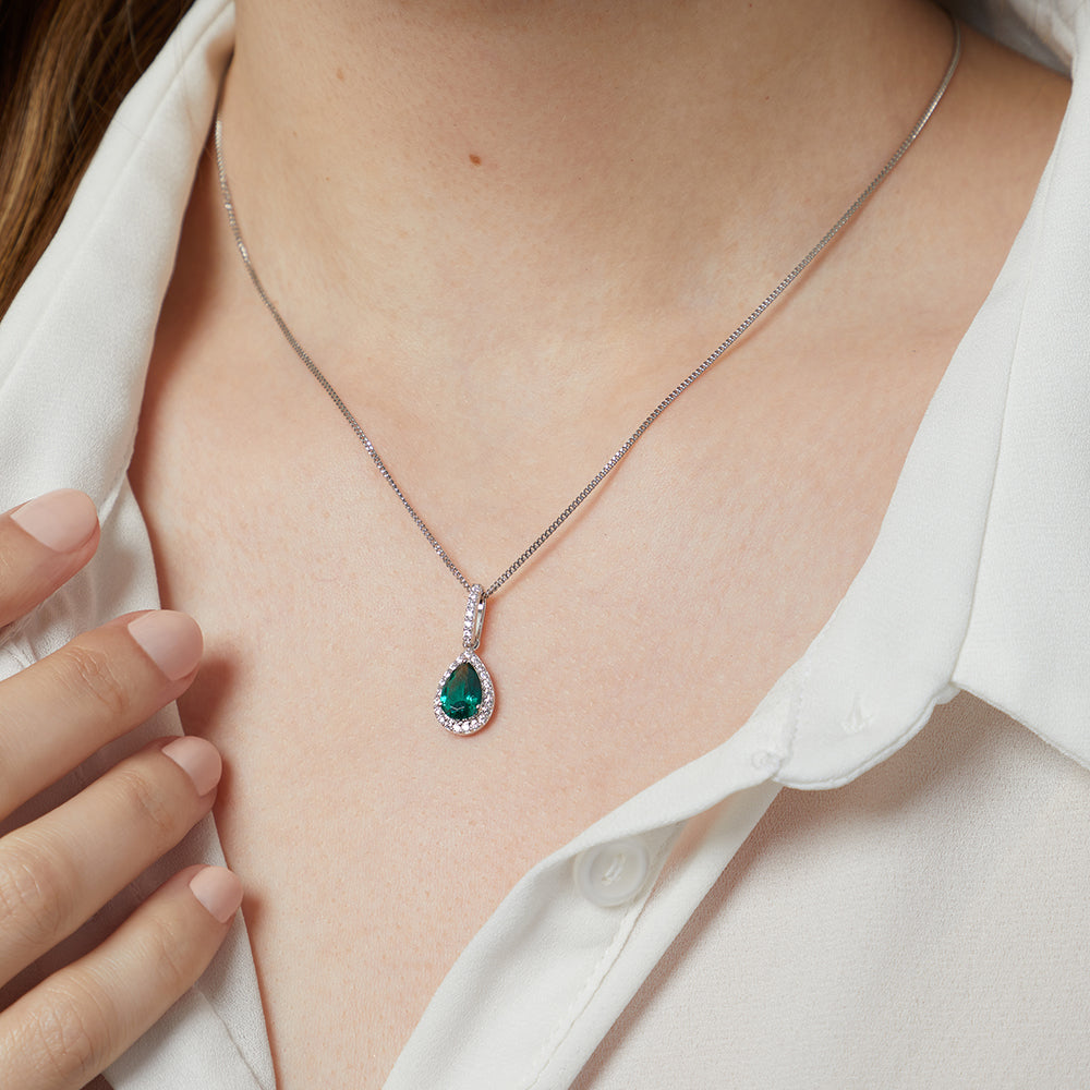 Sterling Silver Emerald Green Pear Cut  Necklace with CZ Halo