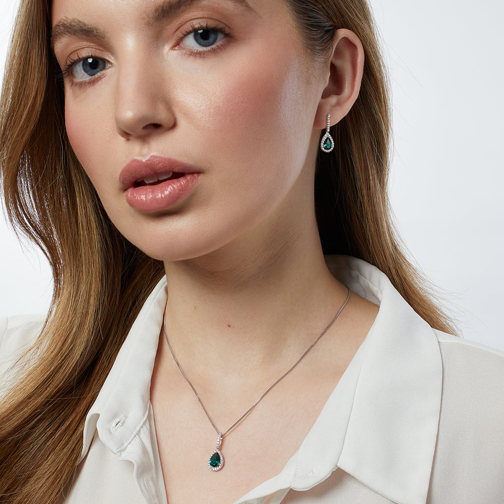 Sterling Silver Emerald Green Pear Cut  Necklace with CZ Halo