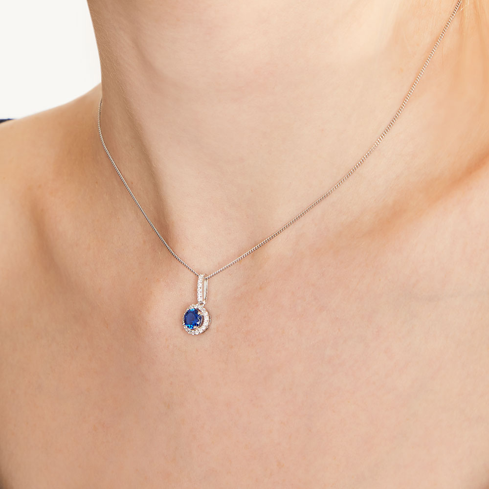 Sterling Silver Sapphire  Blue Halo Necklace