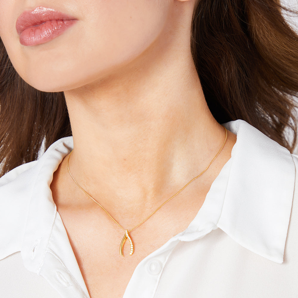 Yellow Gold Half Pave Cubic Zirconia Wishbone Pendant