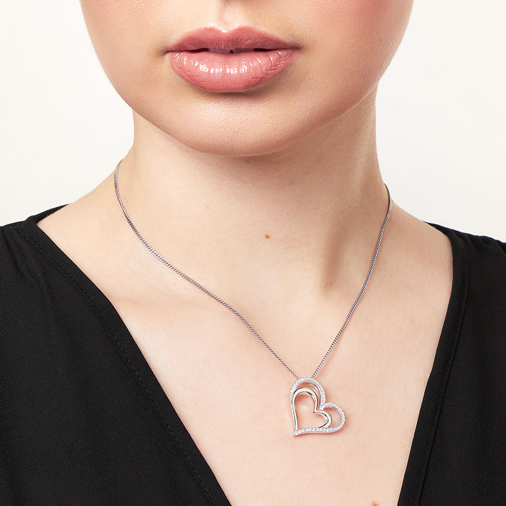 Sterling Silver Offset Pave Set  Double Heart Pendant