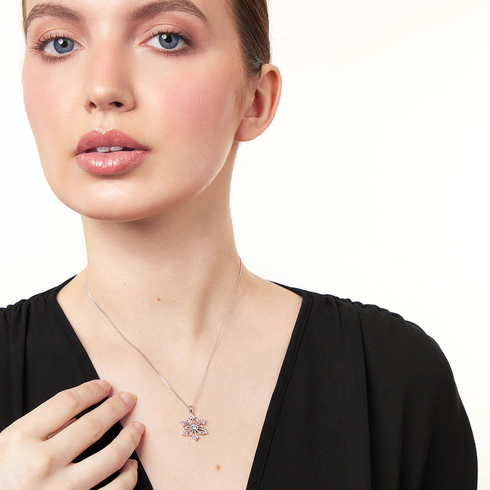 Sterling Silver Cubic Zirconia Snowflake Round Pendant