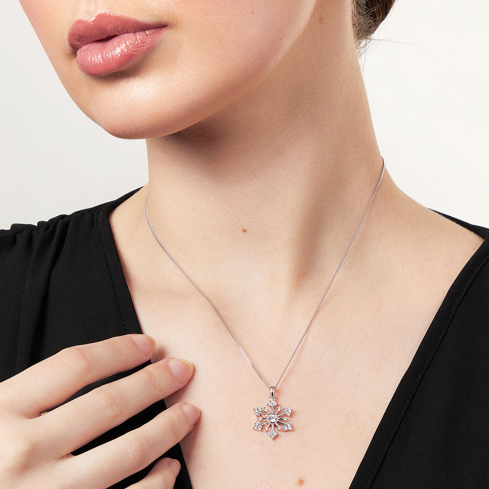 Sterling Silver Cubic Zirconia Snowflake Round Pendant