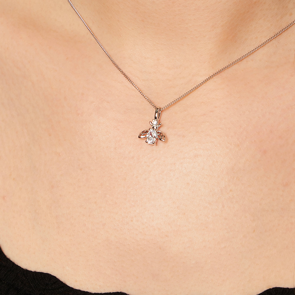 Sterling Silver Bee Oval  Cubic Zirconia Necklace