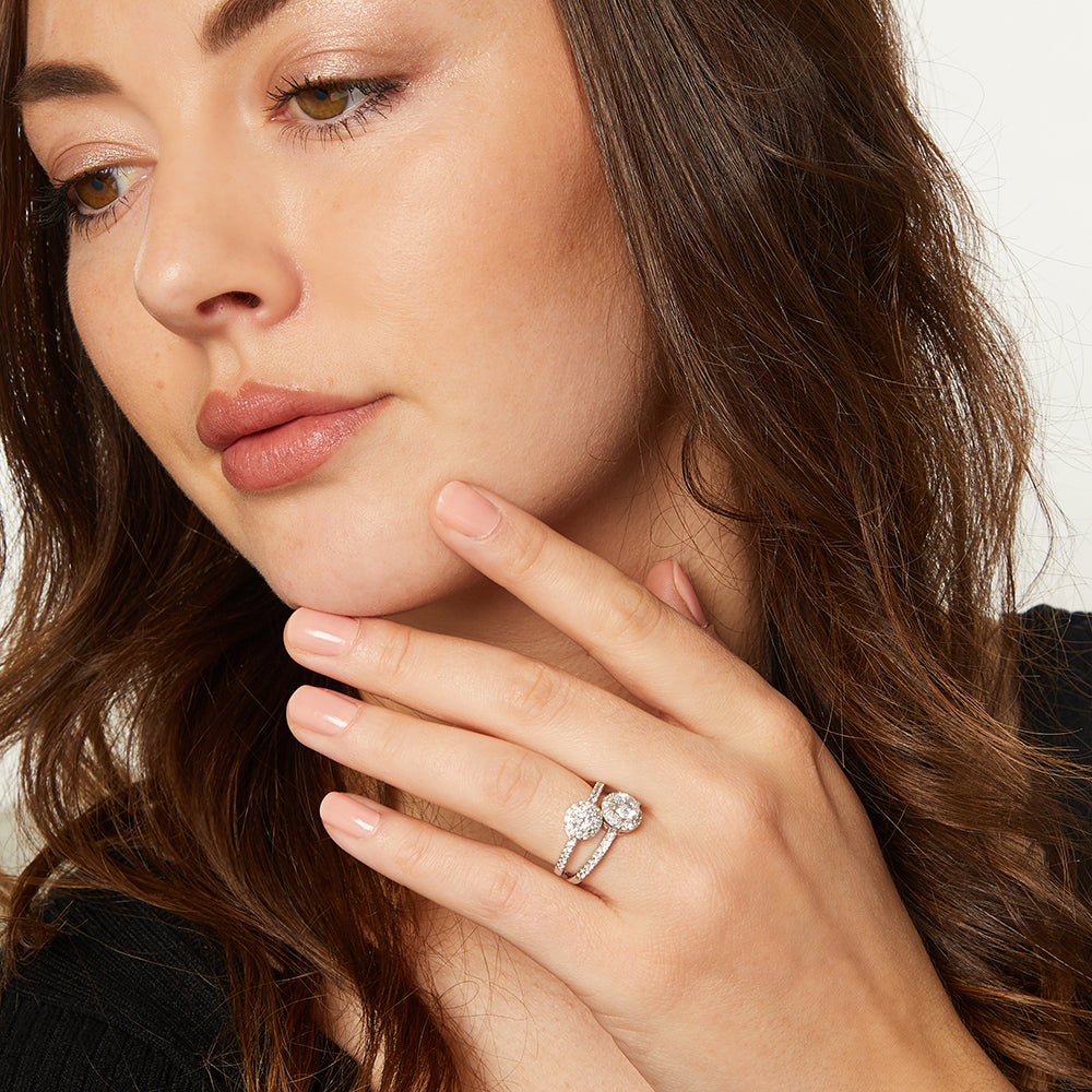 Sterling Silver Double Halo Ring Set With  Cubic Zirconia
