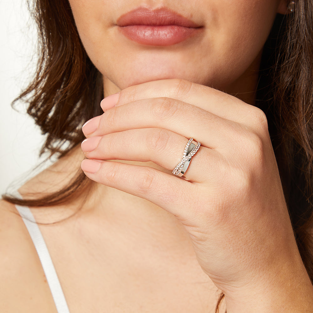 Sterling Silver  Crossover Cubic Zirconia Ring