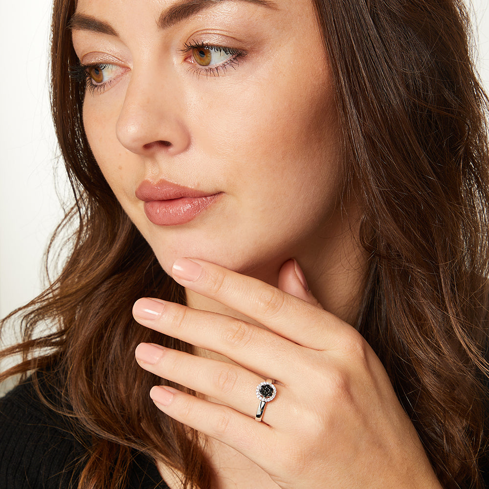 Sterling Silver Black Cubic Zirconia  Halo Ring