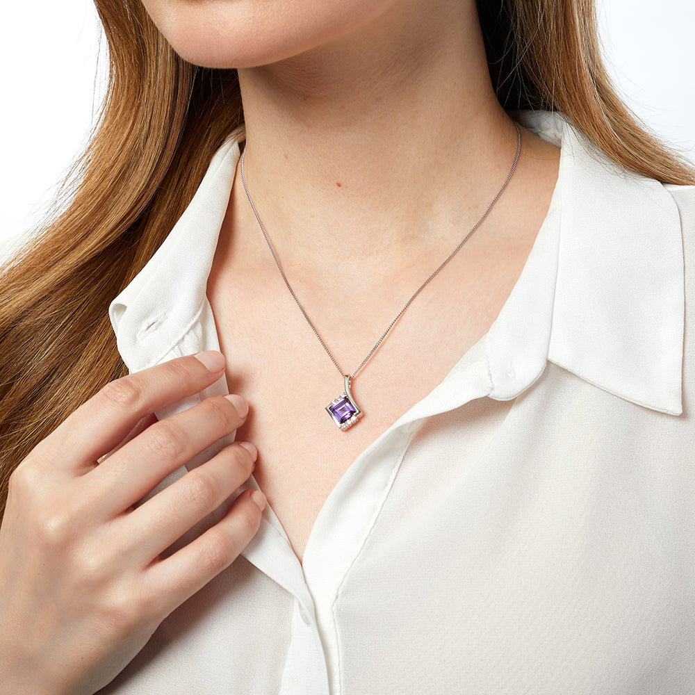 Sterling Silver Amethyst  Pendant With White Zirconia