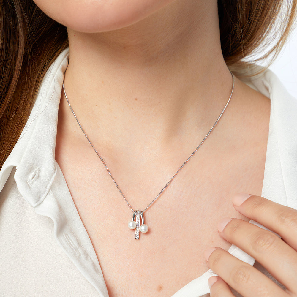 Silver Pearl Drop Bar Necklace