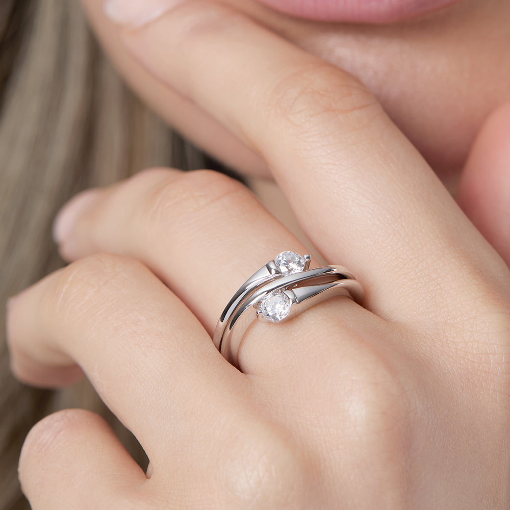 Sterling Silver Two-Stone Bypass Wave Ring | Cubic Zirconia Cross Over Band