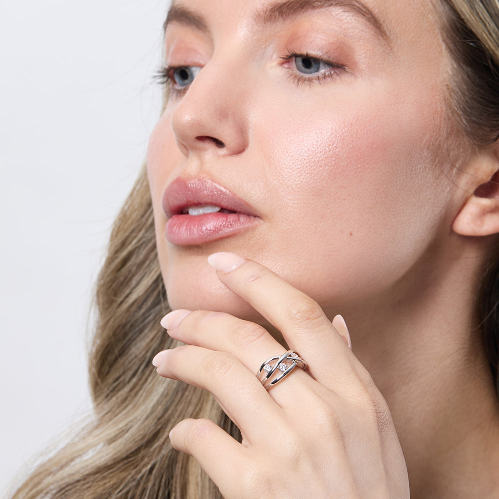 Sterling Silver  Three Stone Crossover Band Ring