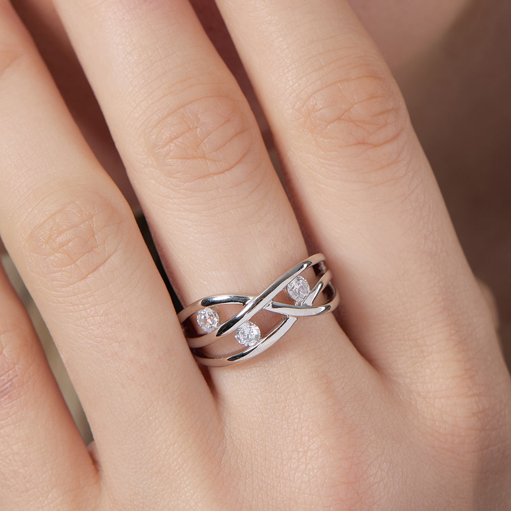 Sterling Silver  Three Stone Crossover Band Ring
