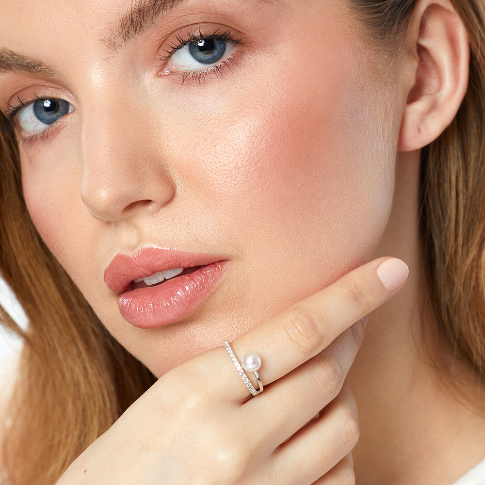 Sterling Silver Cubic Zirconia  Pearl Ring