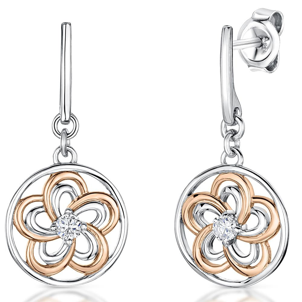 Sterling Silver Rose Gold Flower Drop Earrings