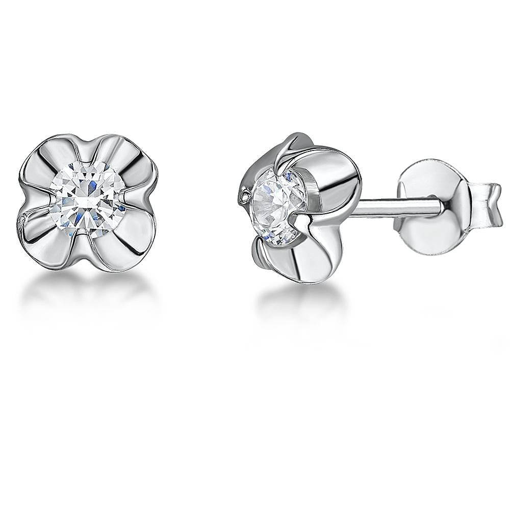 Sterling Silver Flower Stud Earrings With A Polished Surround