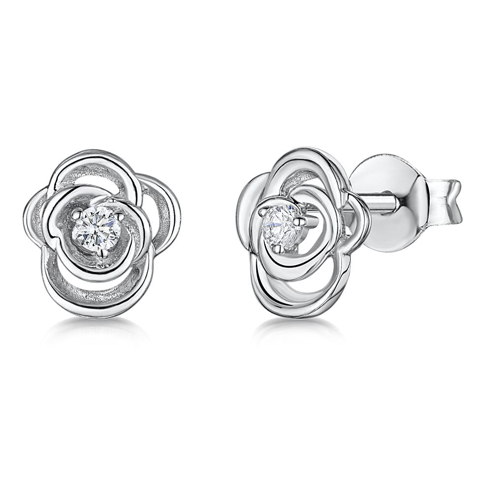 Sterling Silver White Zirconia  Rose Flower Earrings