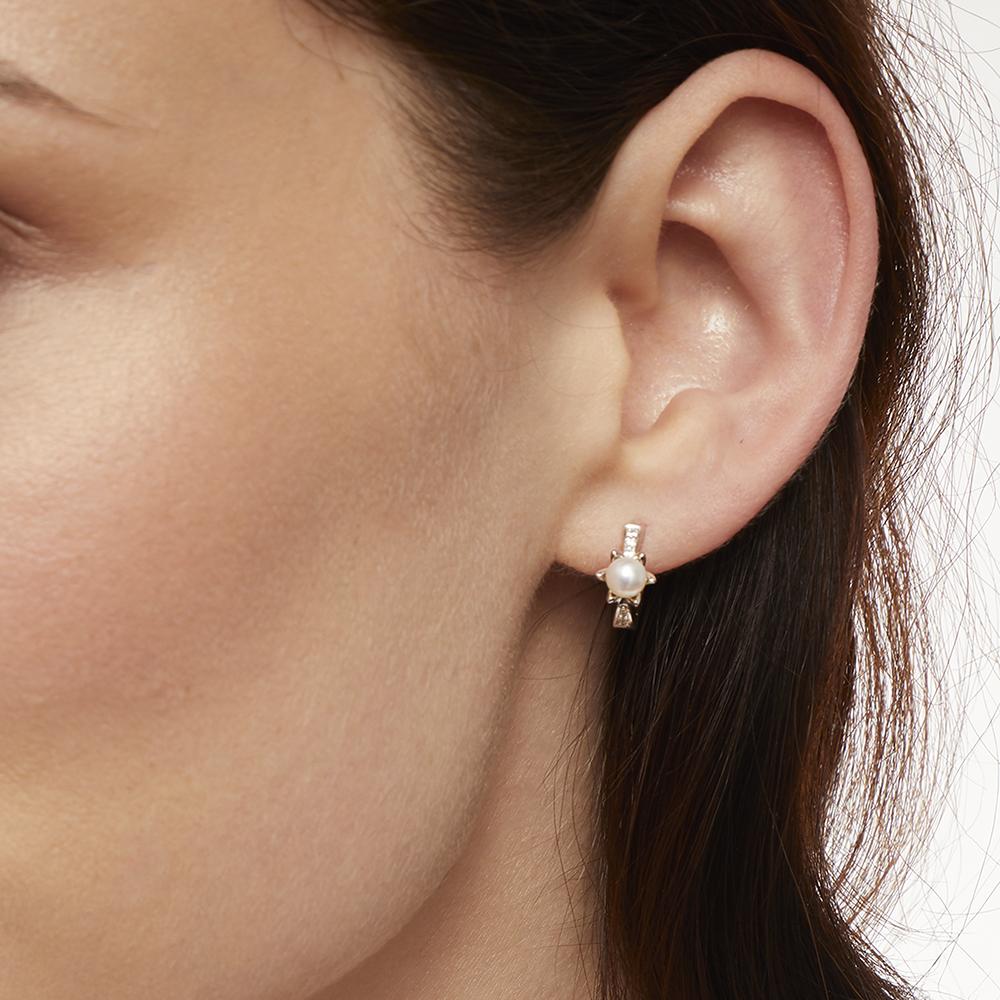 Sterling Silver Cubic  Zirconia Pearl Huggie Hoop  Earrings
