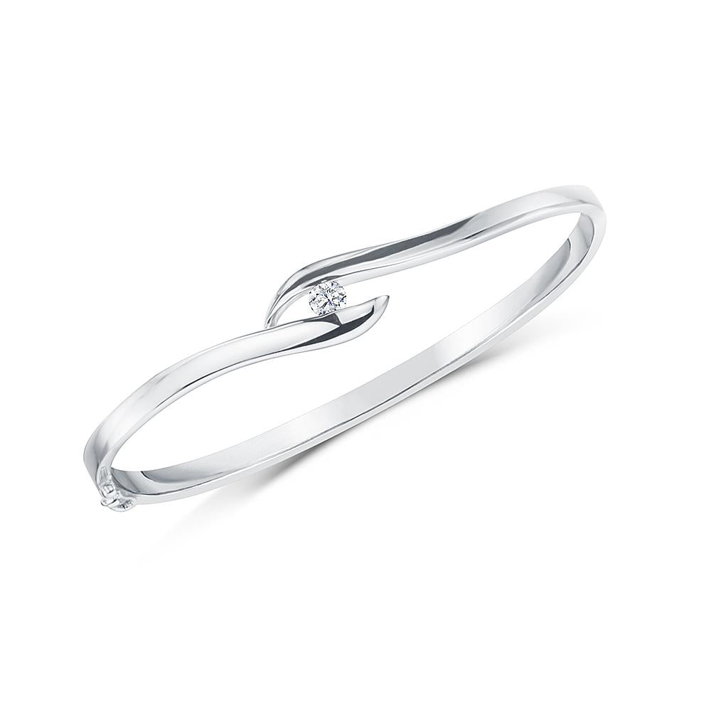Sterling Silver Simple Bangle With A White Zirconia Stone Centre