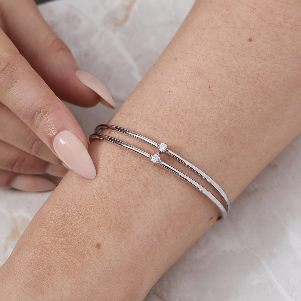 Sterling Silver 2 Stone Cubic Zirconia Split Cuff Bangle