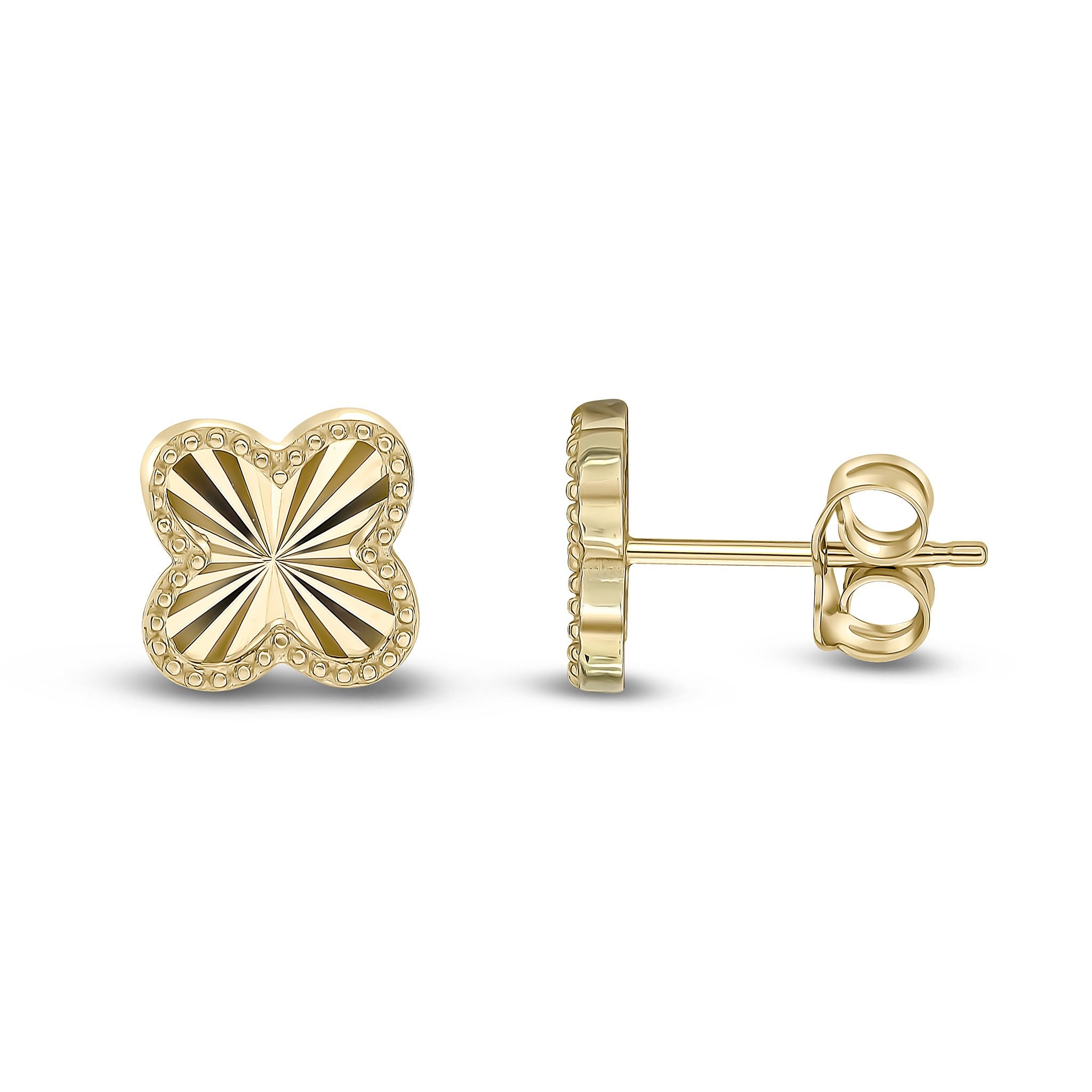 9CT YG DIAMOND CUT QUATREFOIL STUD EARRINGS WITH BEADED EDGE. LARGE