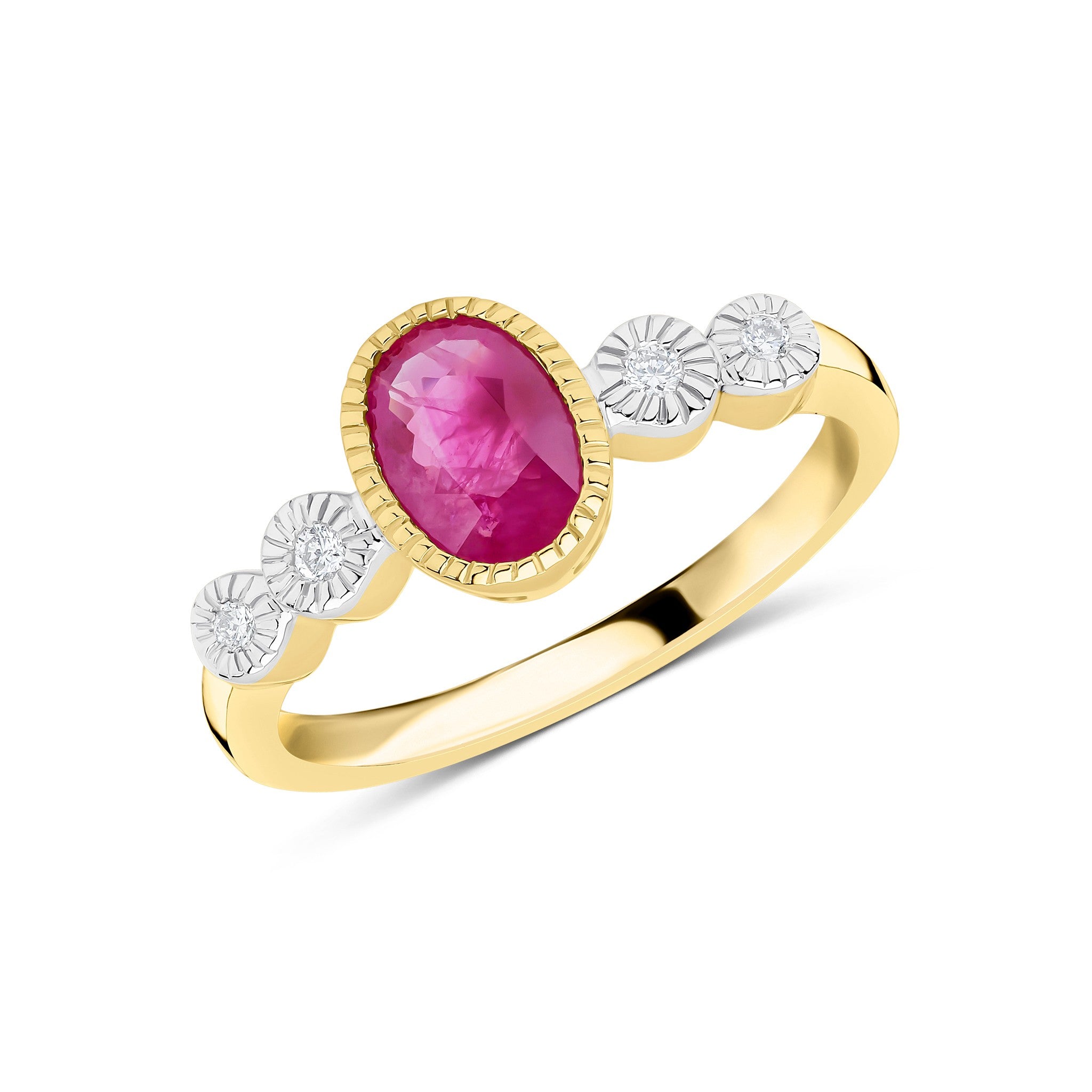 9CT YG 7X5 OVAL RUBY & DIAMOND 2ST SHOULDERS MILLEGRAIN SET RING. RHODIUM TO DIAMONDS