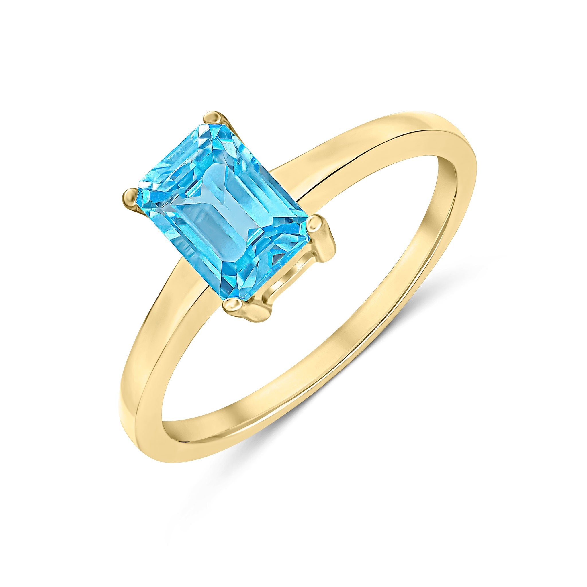 9CT YG 7X5MM OCTAGON SWISS BLUE TOPAZ CLAW SET SINGLE STONE RING