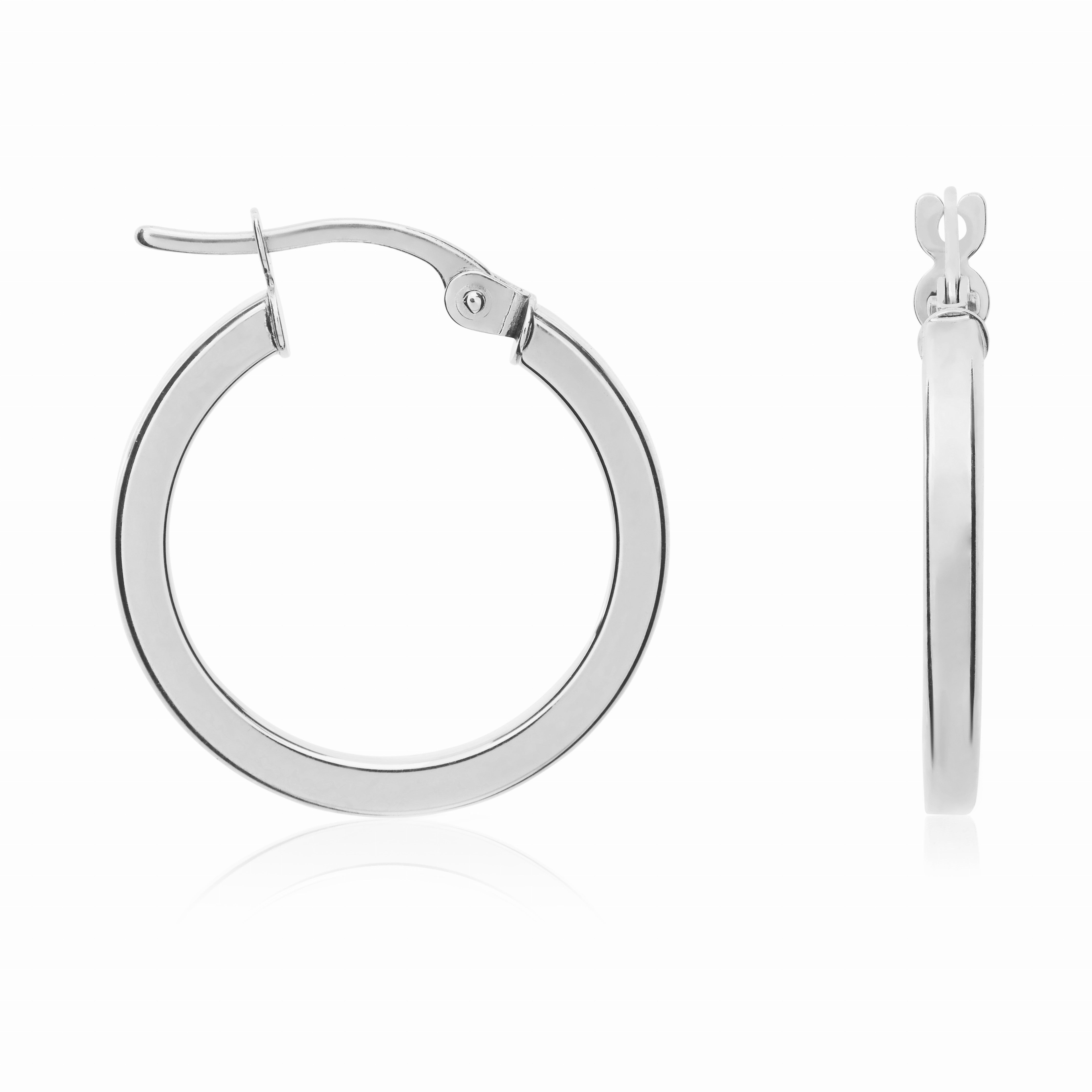 9CT WHITE GOLD 2MM SQUARE TUBE ROUND HOOP EARRINGS. 19MM OUTER DIAMETER