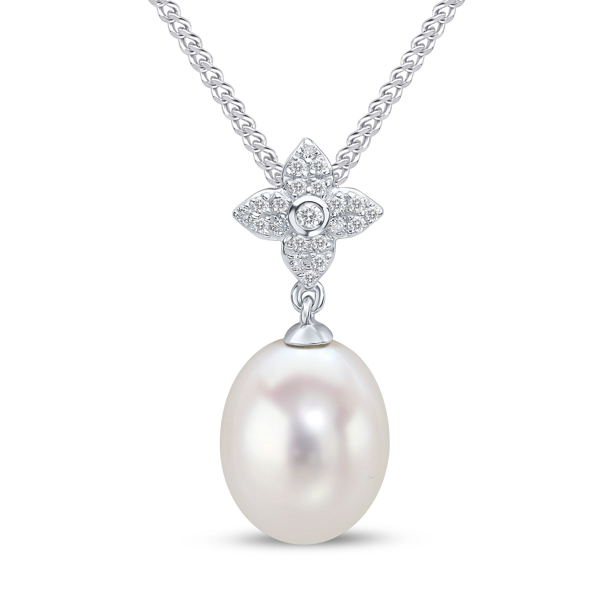 18CT WG CFW PEARL AND DIAMOND FLOWER/STAR TOP PENDANT