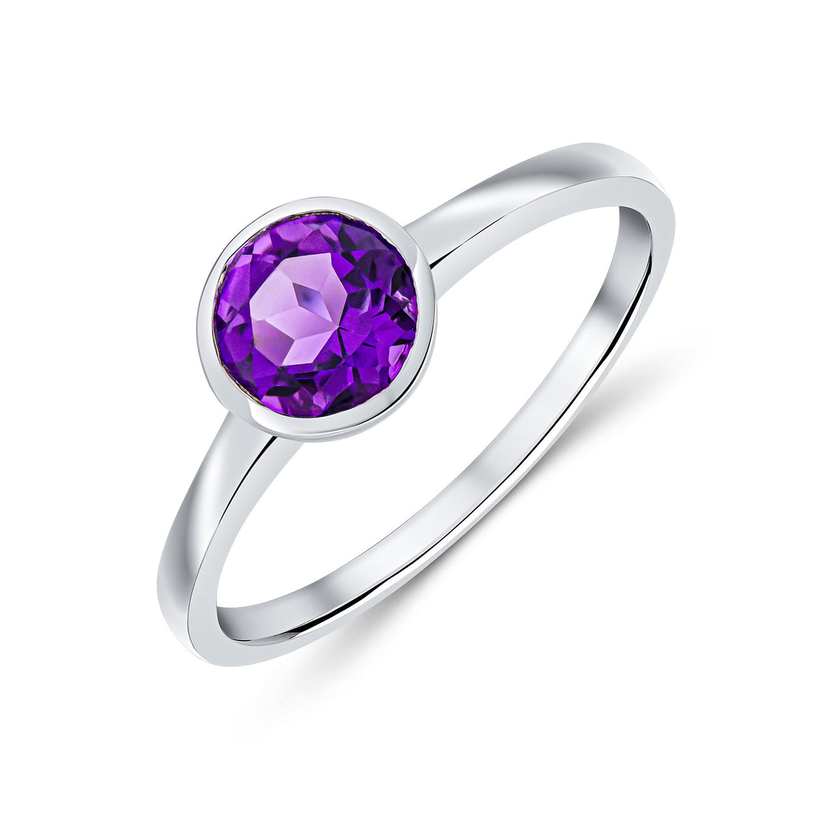 9CT WG 6MM ROUND AMETHYST RUBOVER SET SINGLE STONE RING
