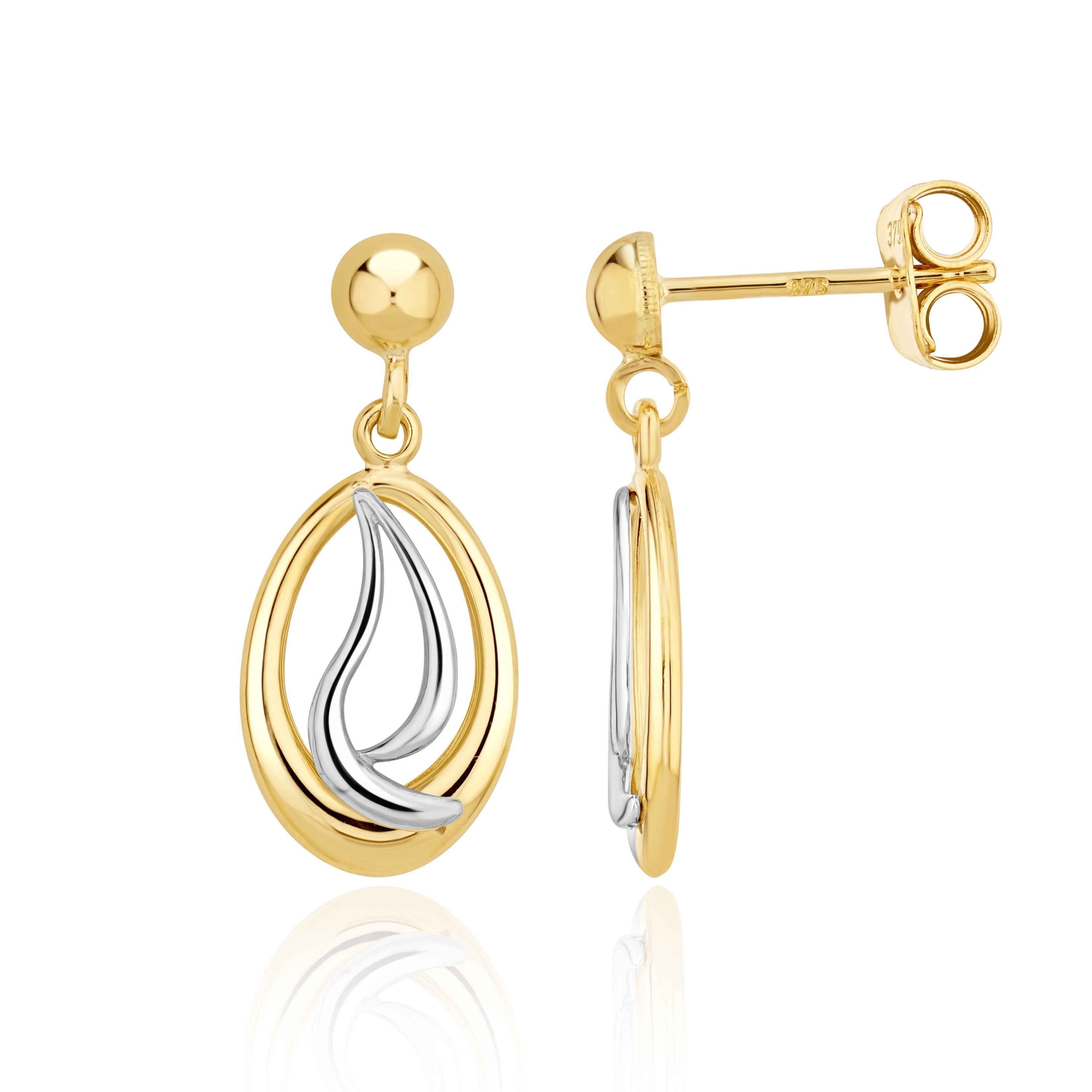 9CT YELLOW AND WHITE GOLD OPEN OVAL & SQUIGGLE DROP EARRINGS WITH 4MM HALF BEAD TOP