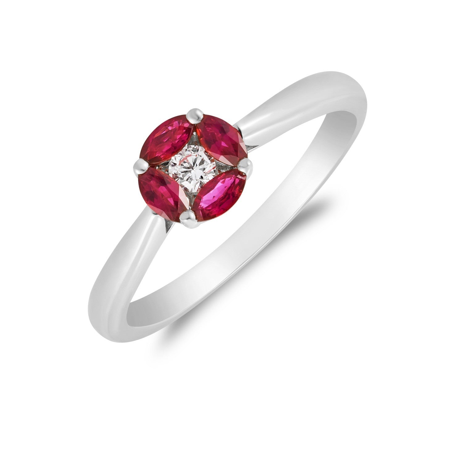 18CT WG MARQUISE RUBY & ROUND DIAMOND CLUSTER RING. TAPERED SHANK