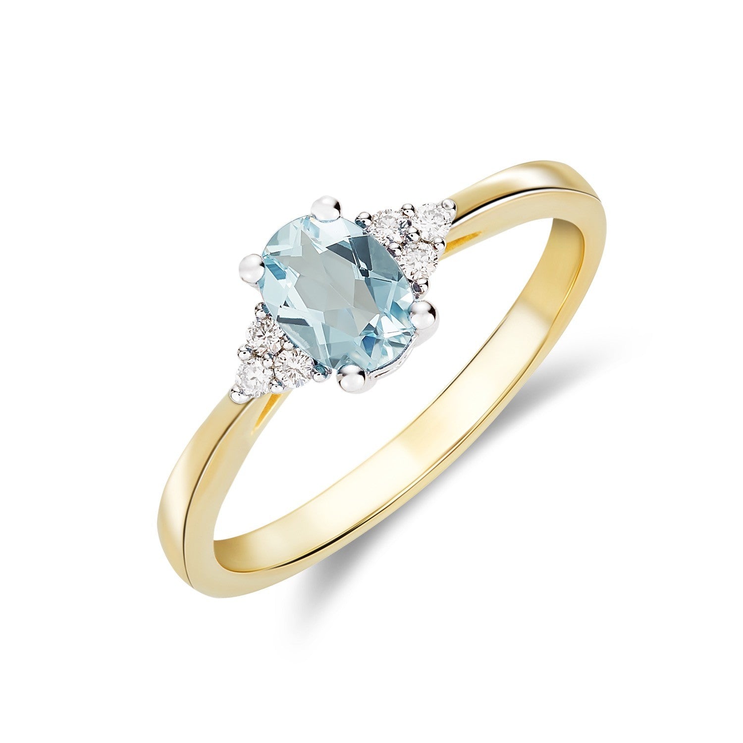 9CT YWG 7X5 OVAL AQUA & DIAMOND TREFOIL SHOULDERS CLAW SET RING