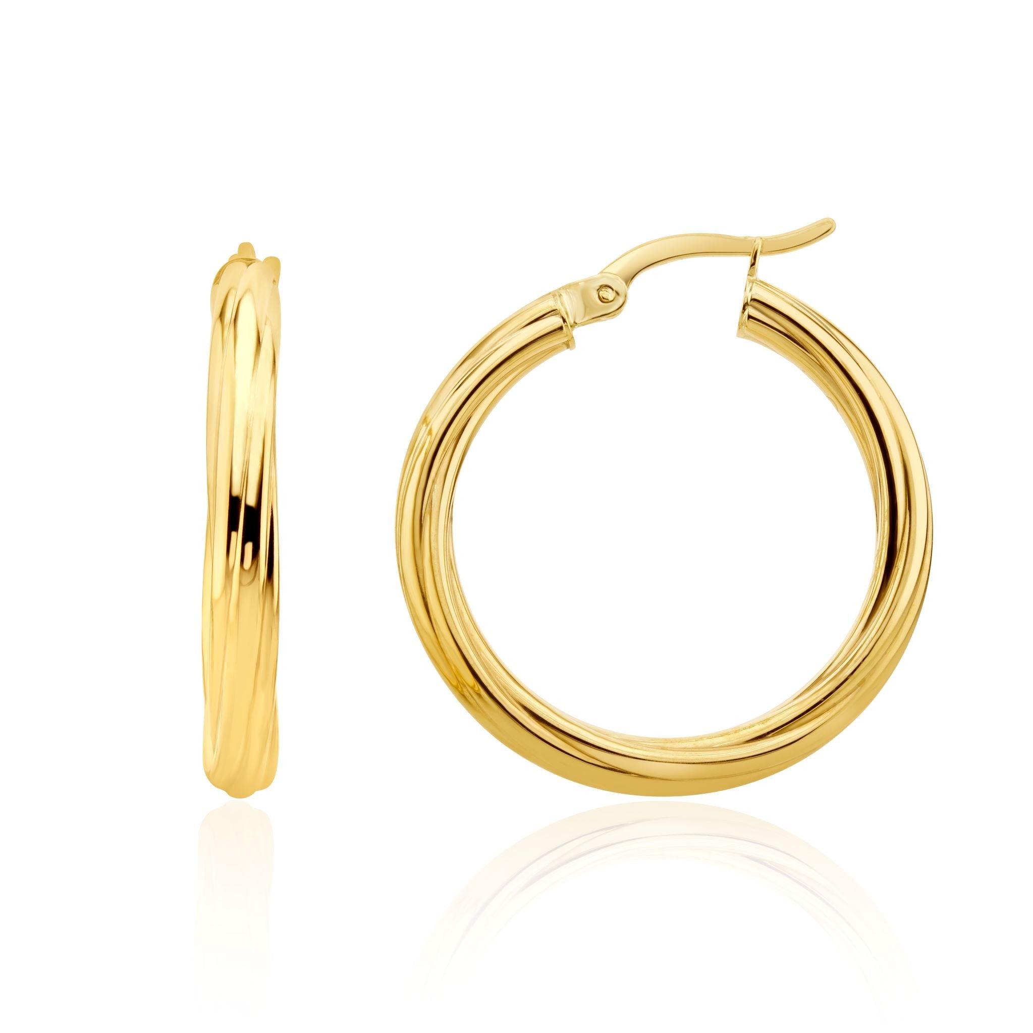 18CT YG 3MM TWISTED ROUND HOOP EARRINGS. 26MM OUTER DIAMETER
