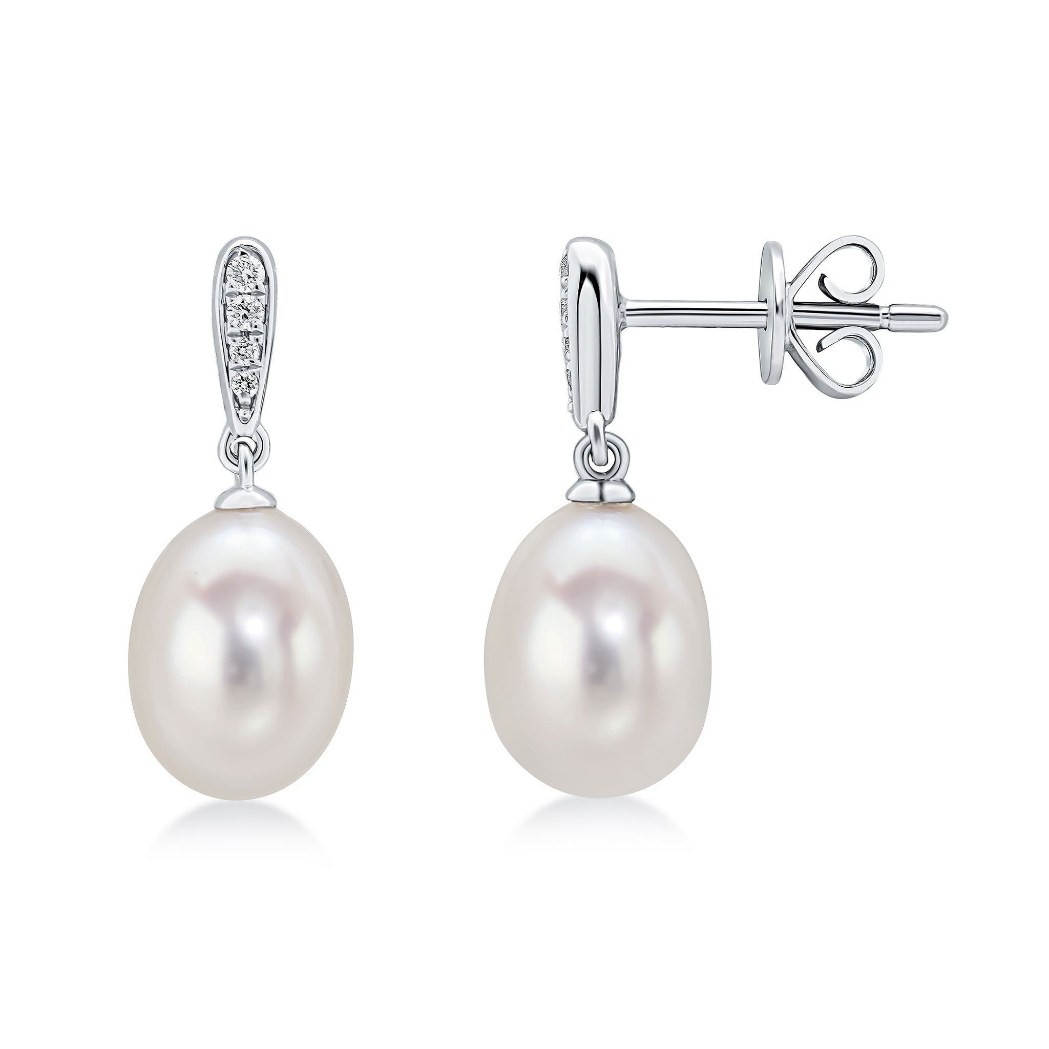 18CT WHITE GOLD CULTURED FRESHWATER PEARL AND GRAIN SET DIAMOND LINE DROP EARRINGS