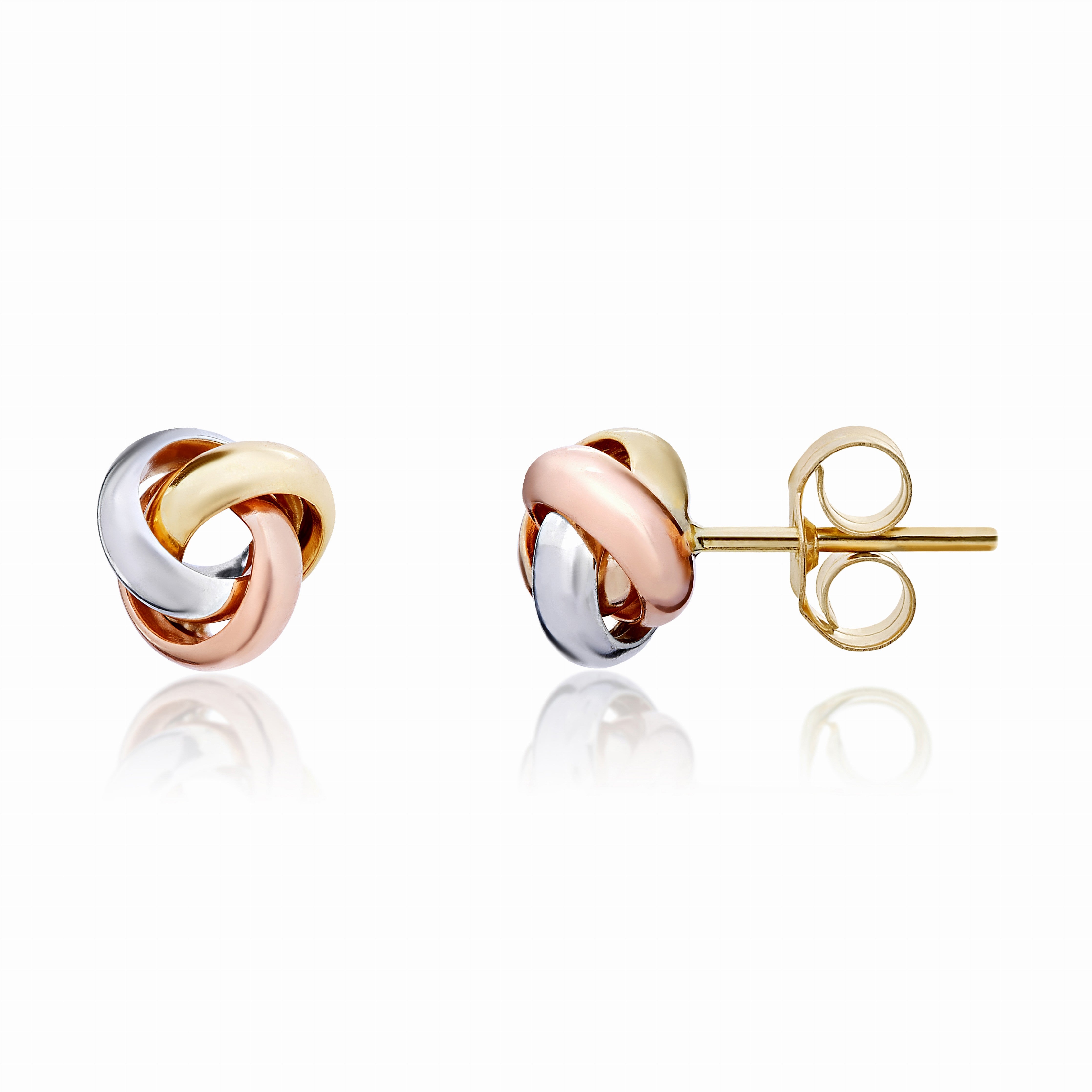 9CT YELLOW, WHITE AND ROSE GOLD POLISHED 3 ROW SMALL KNOT EARRINGS