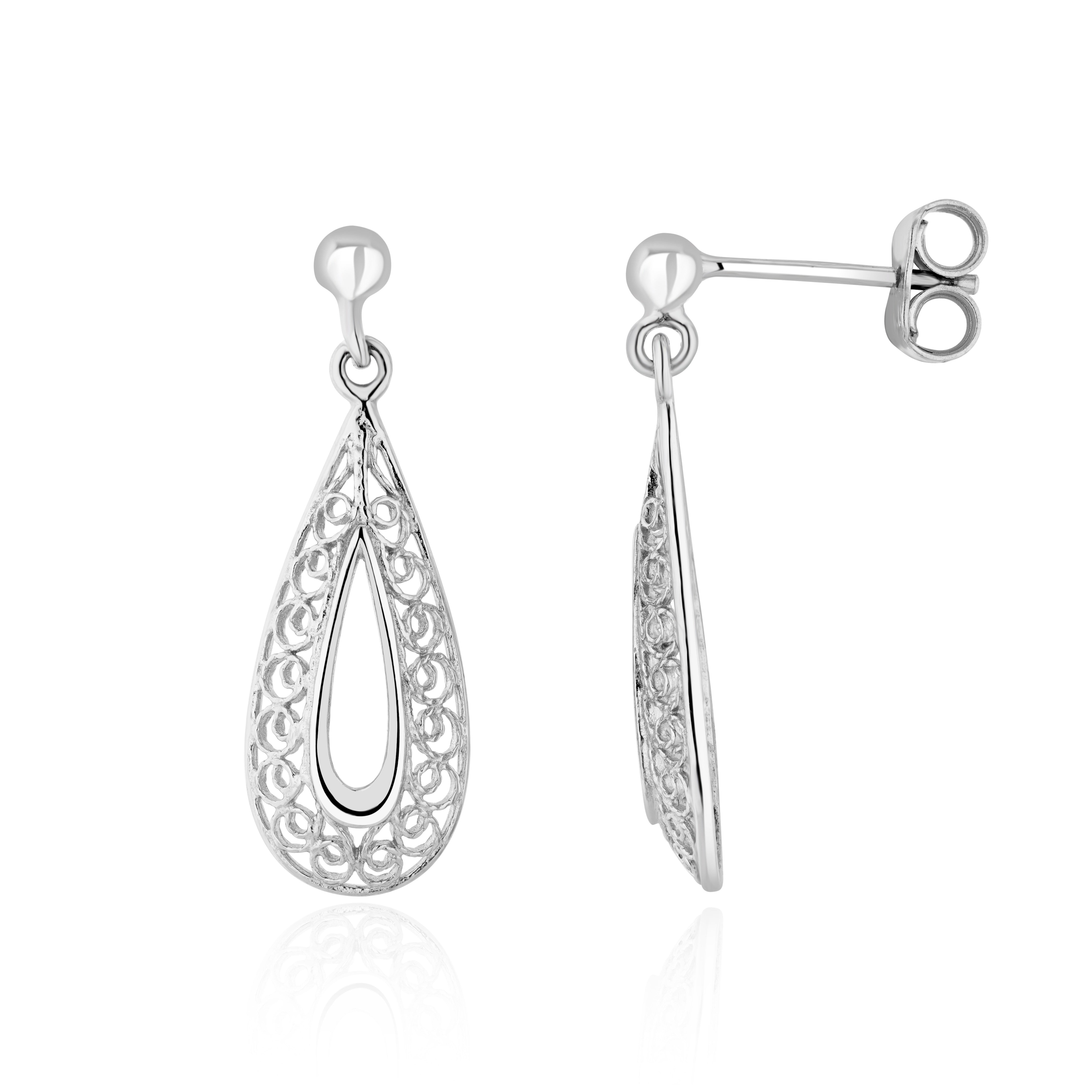 9CT WG FILIGREE OPEN PEARSHAPE DROP EARRINGS WITH 3MM BALL TOP