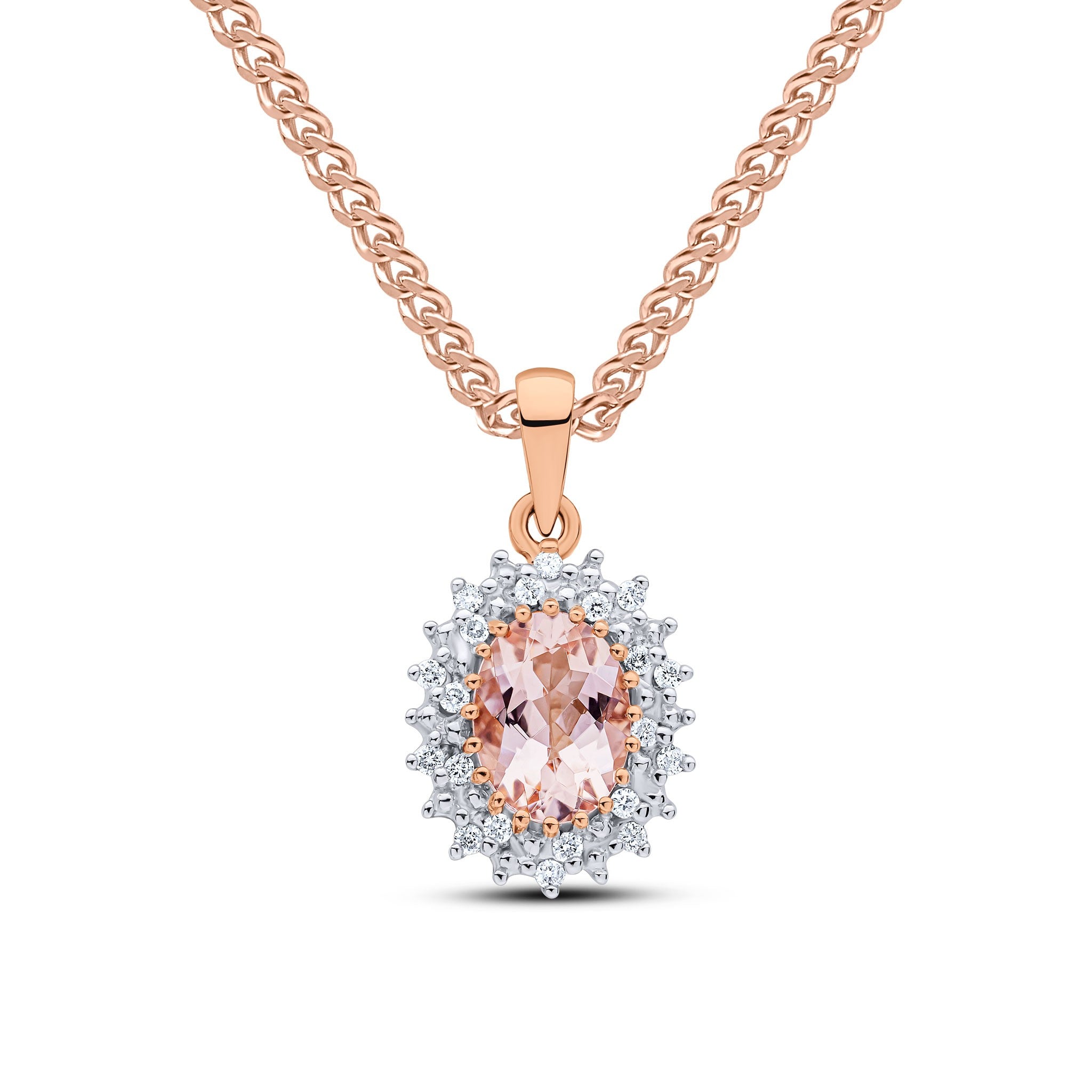 9RG 8x6 OVAL MORGANITE & DIAMOND CLUSTER PENDANT