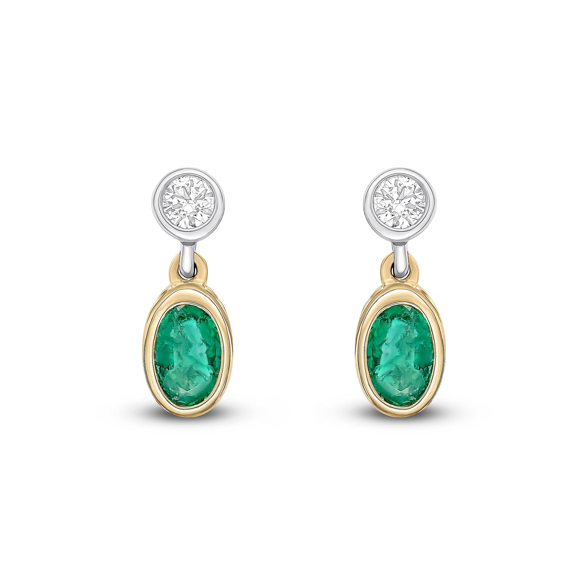 18CT YWG OVAL EMERALD AND ROUND DIAMOND 2ST RUBOVER DROP EARRINGS