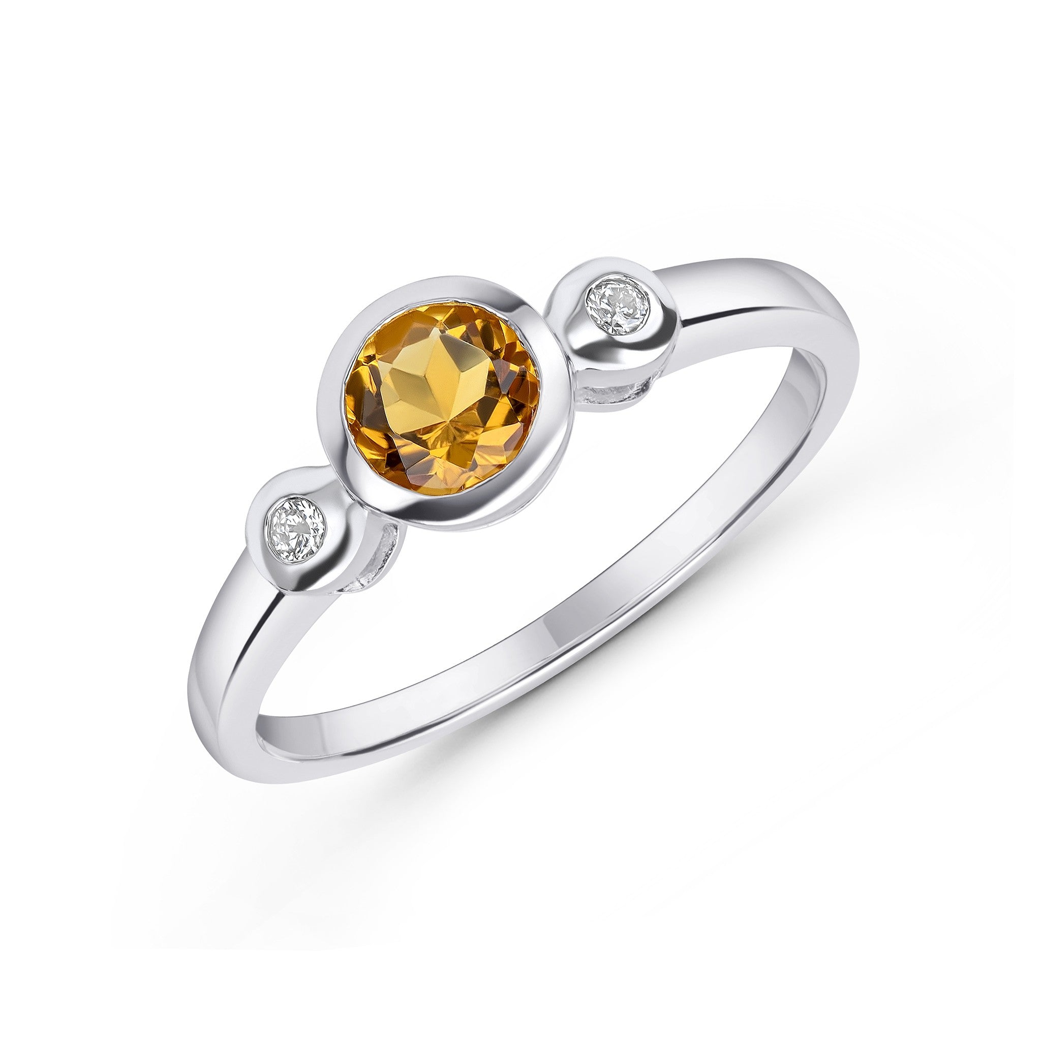 9CT WG 5MM ROUND CITRINE AND DIAMOND RUBOVER 3ST RING