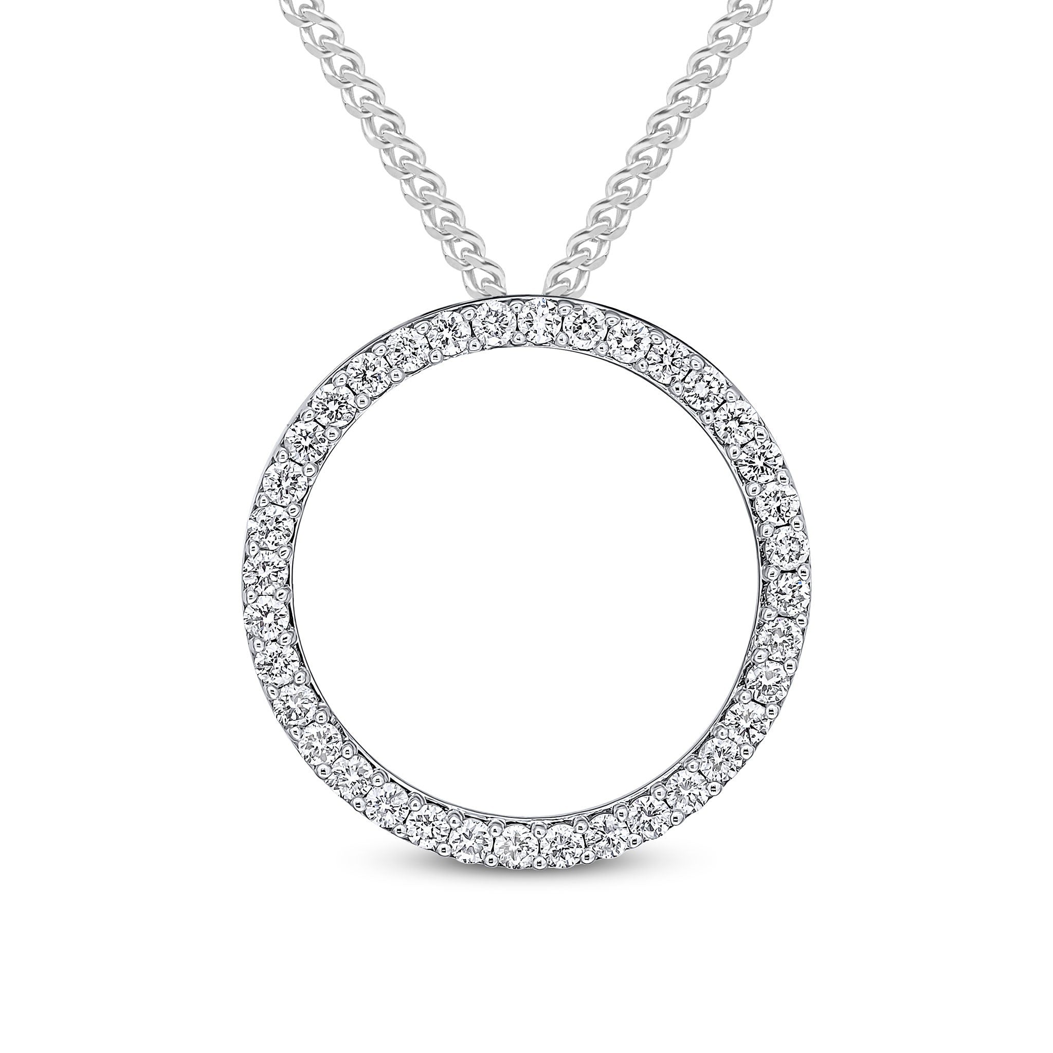 18CT WHITE GOLD ROUND DIAMOND CLAW SET OPEN CIRCLE SLIDER PENDANT. 25MM