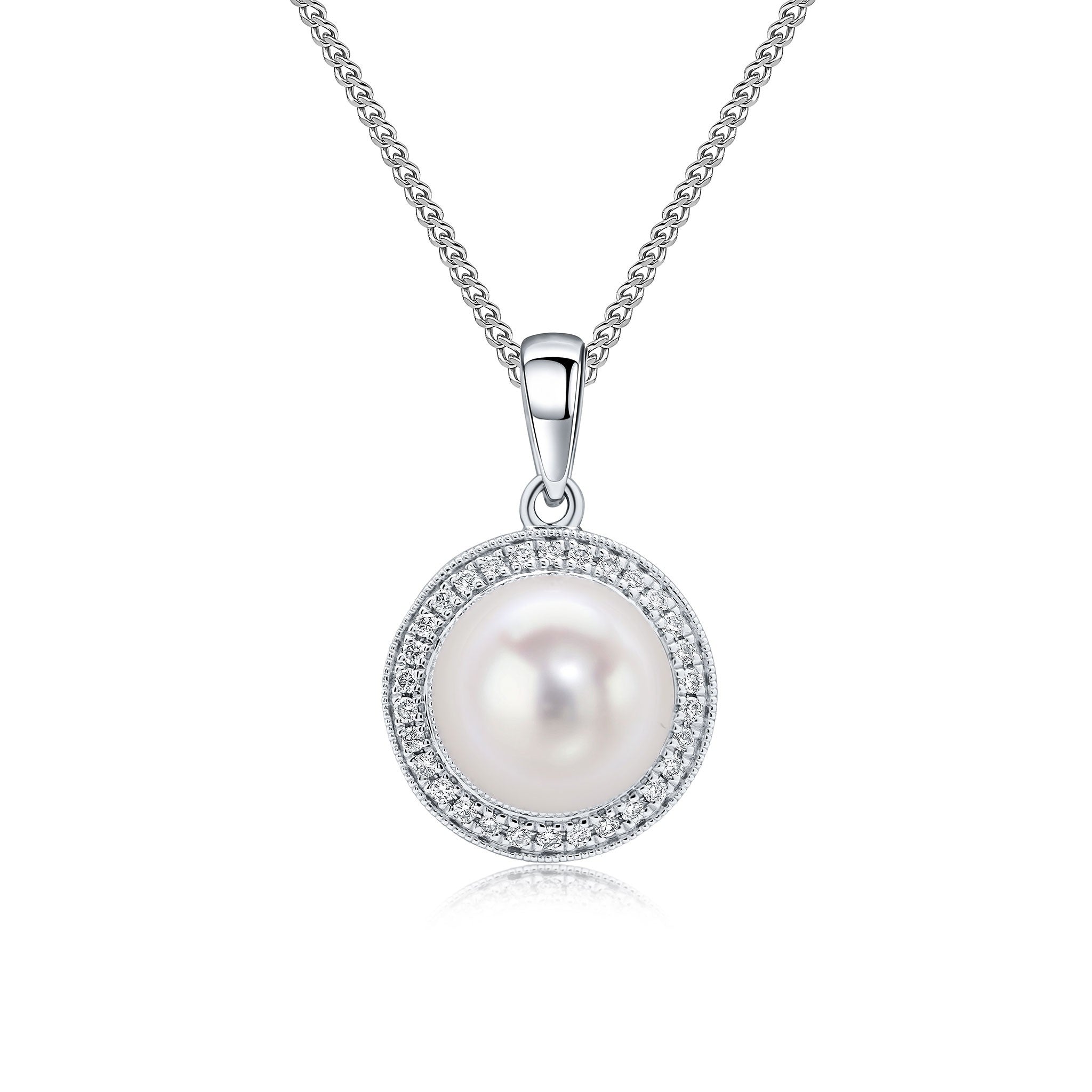 18CT WG FRESHWATER CULTURED PEARL AND GRAIN SET DIAMOND ROUND CLUSTER PENDANT WITH MILLEGRAIN EDGE