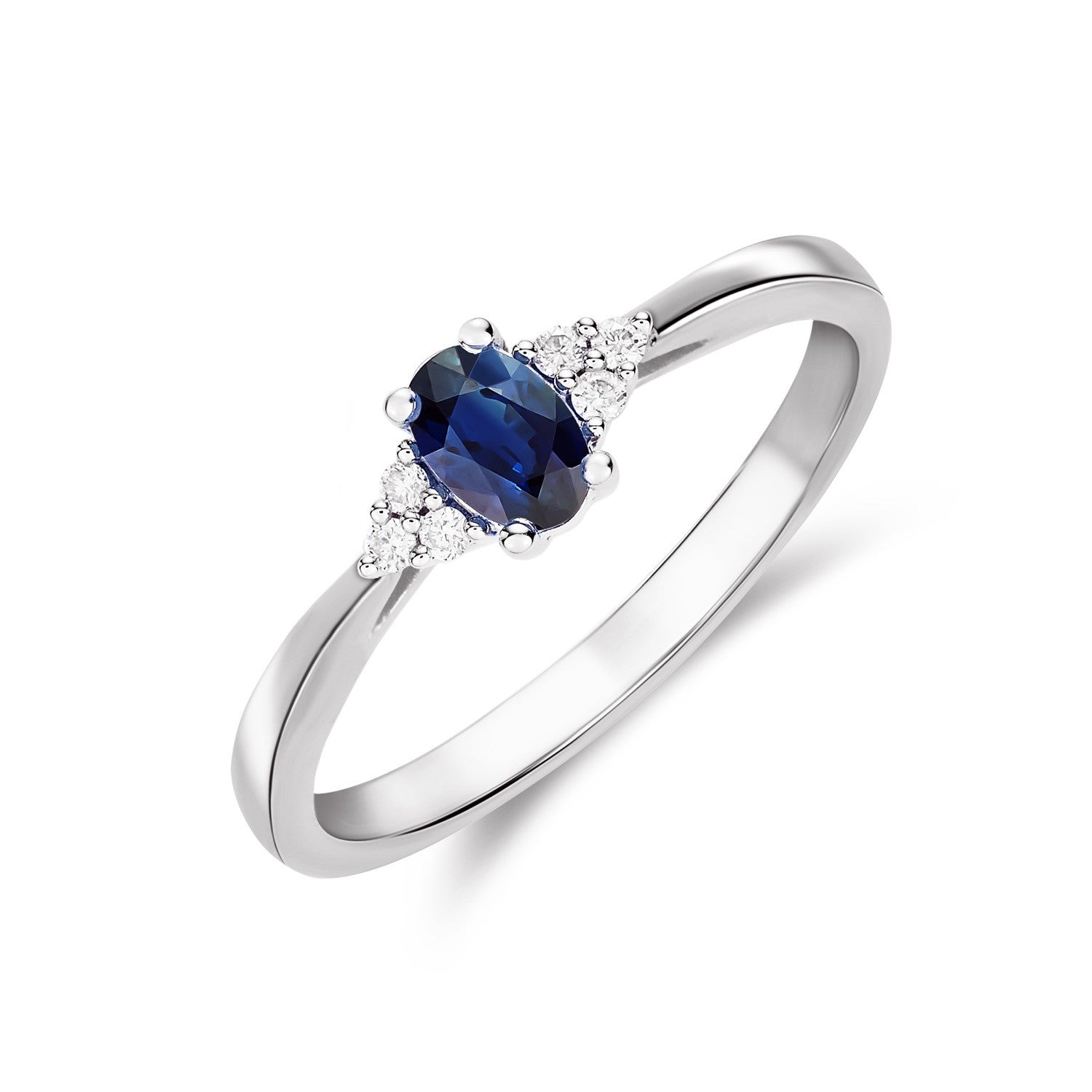 9CT WG 6X4 OVAL SAPPHIRE AND DIAMOND TREFOIL SHOULDERS CLAW SET RING