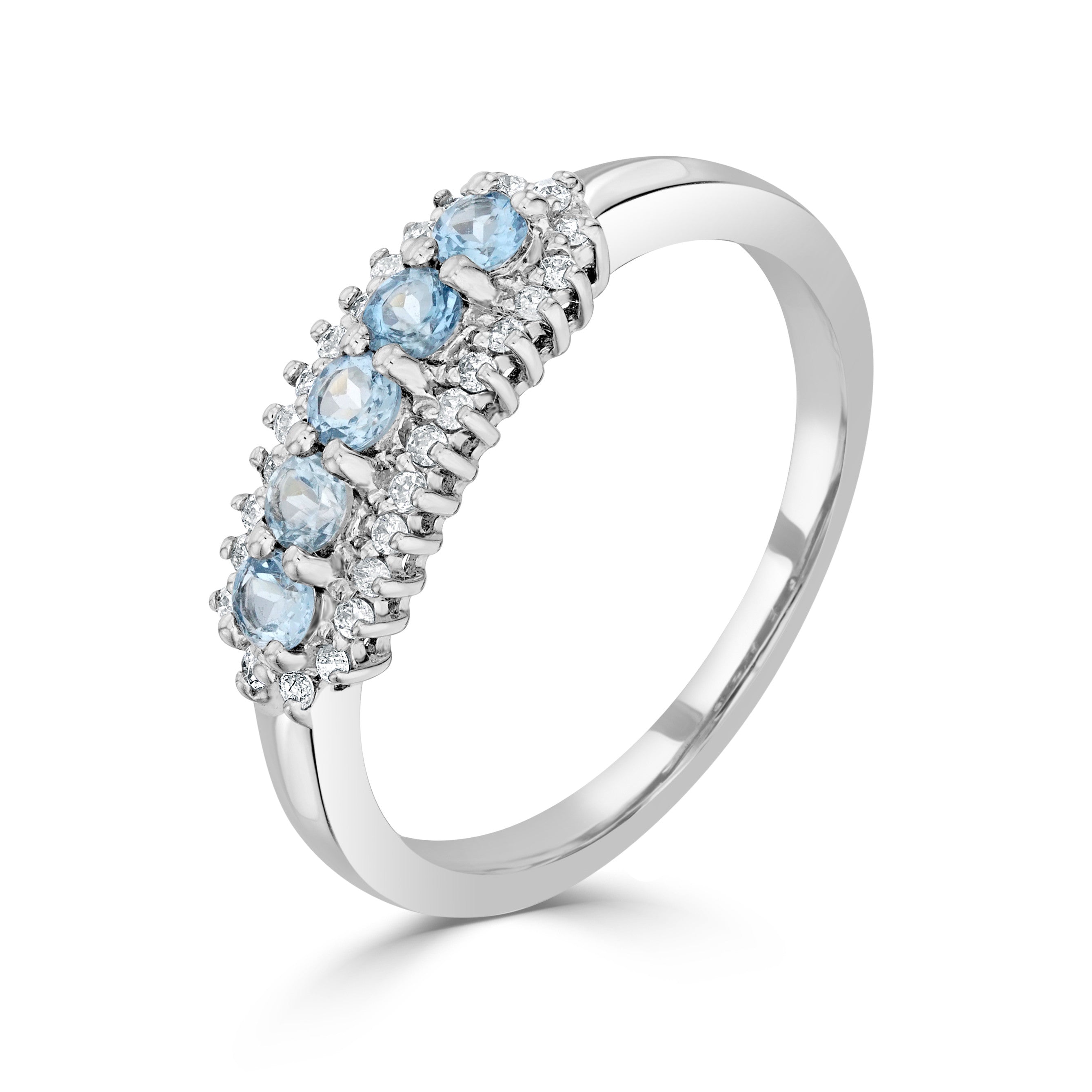 9CT WG ROUND AQUA AND ROUND DIAMOND 3 ROW CLAW SET BAND RING.