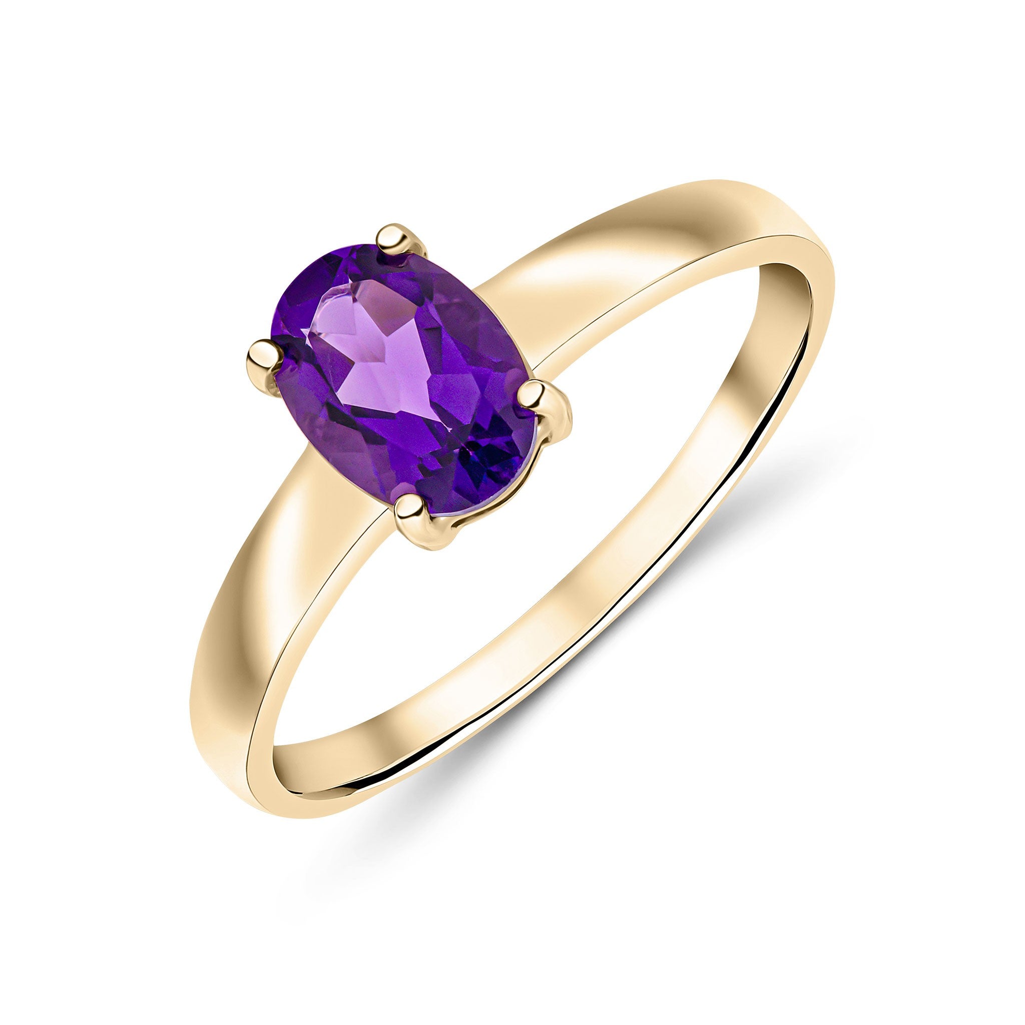 9CT YG 7X5MM OVAL AMETHYST 4 CLAW SINGLE STONE RING