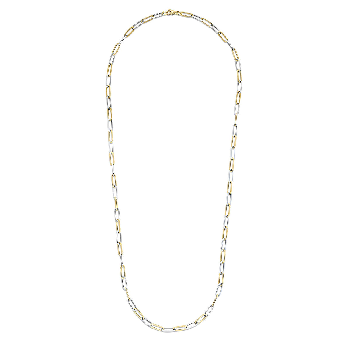 9CT YELLOW AND WHITE GOLD OVAL PAPERCHAIN LINK NECKLACE. 32 INCHES