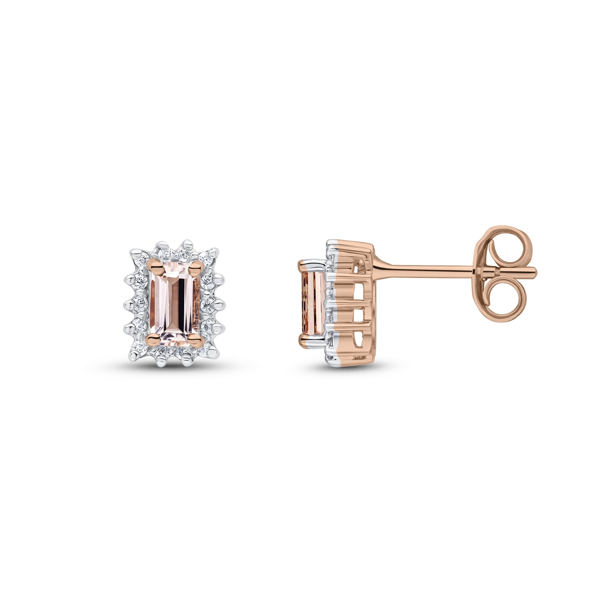 9CT RG 5X3 OCTAGON MORGANITE & DIAMOND CLAW CLUSTER EARRINGS