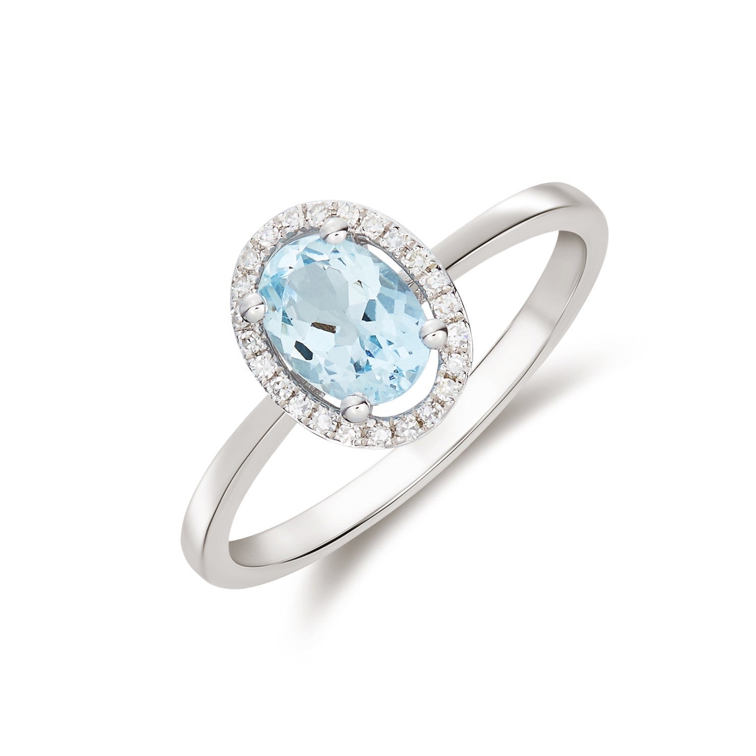 9CT WG 7X5 OVAL AQUA & ROUND DIAMOND HALO CLUSTER RING.