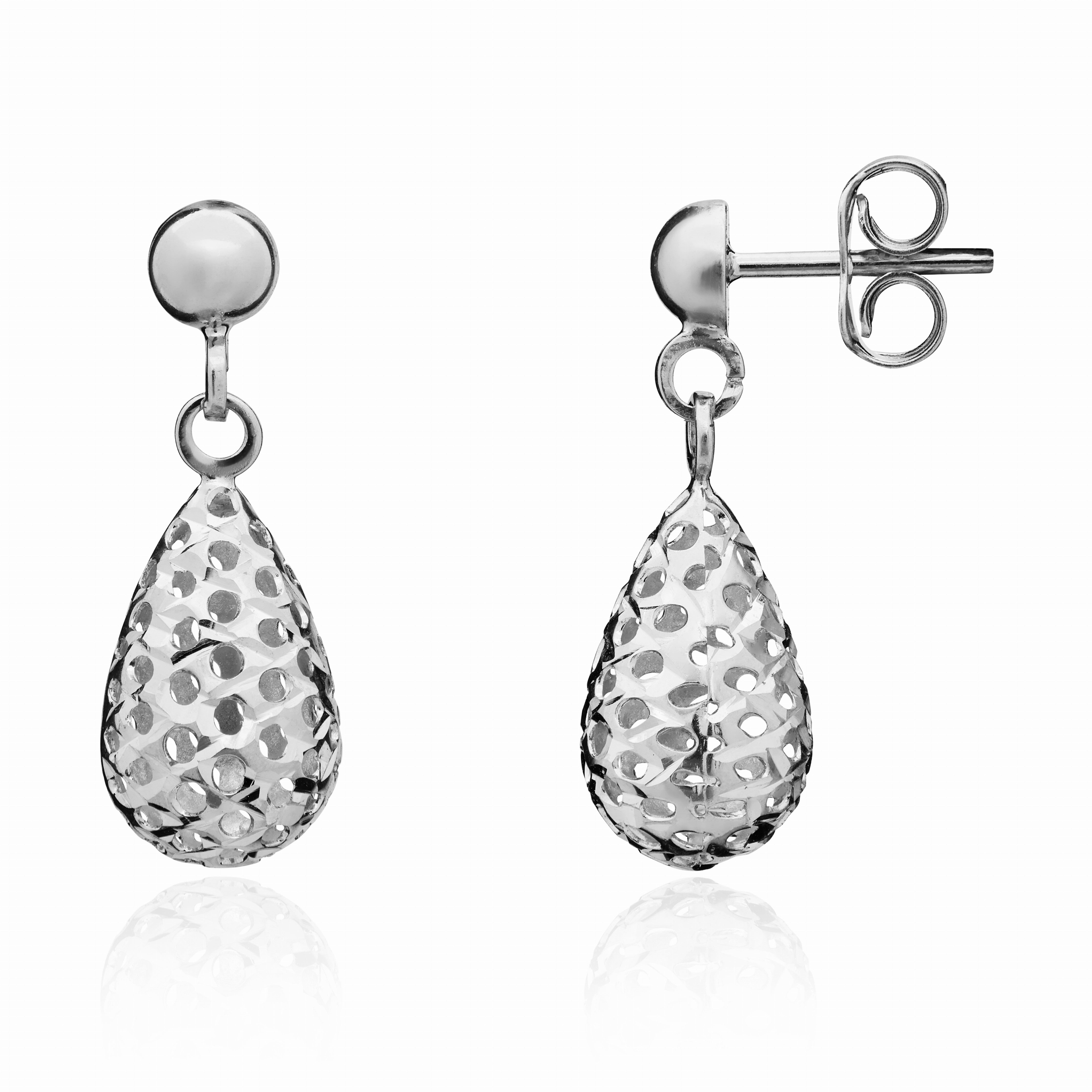 9CT WHITE GOLD PIERCED OUT BOBME DROP EARRINGS WITH POLISHED HALF BEAD TOP