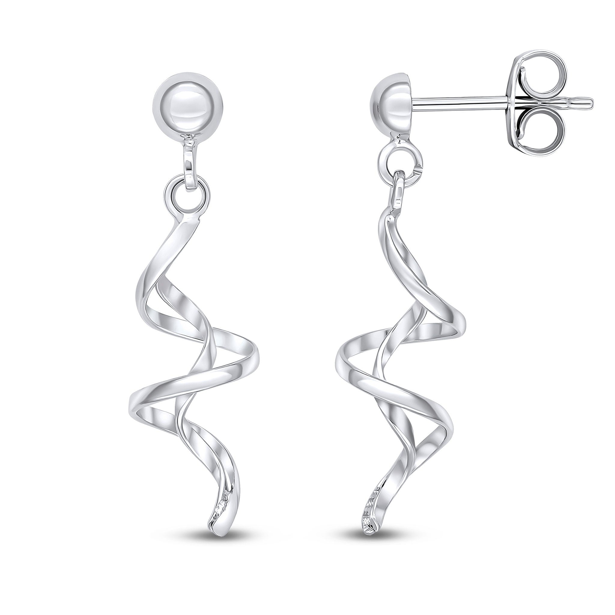9CT WG SPIRAL DROP EARRINGS WITH HALF BEAD STUD TOP